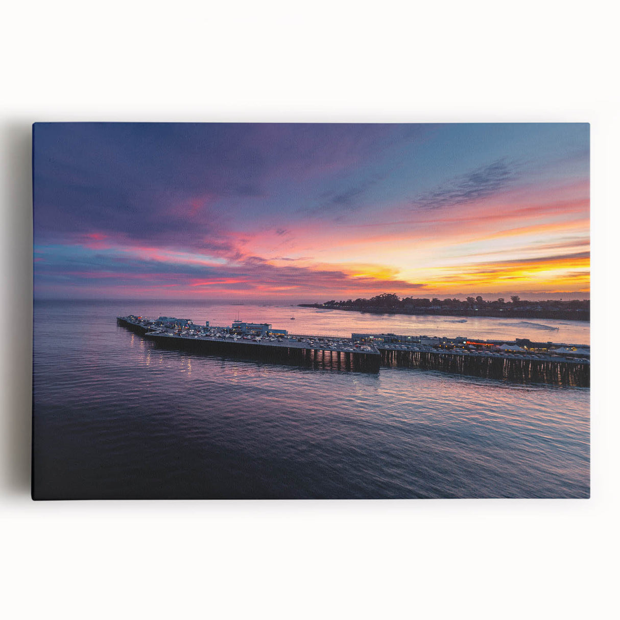 Black and white photograph of Santa Cruz pier on stretched canvas, ideal for kitchen wall art.