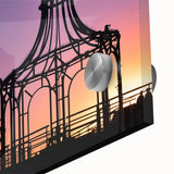 Large abstract depiction of Santa Monica scenery in mid-century modernist style on acrylic glass.