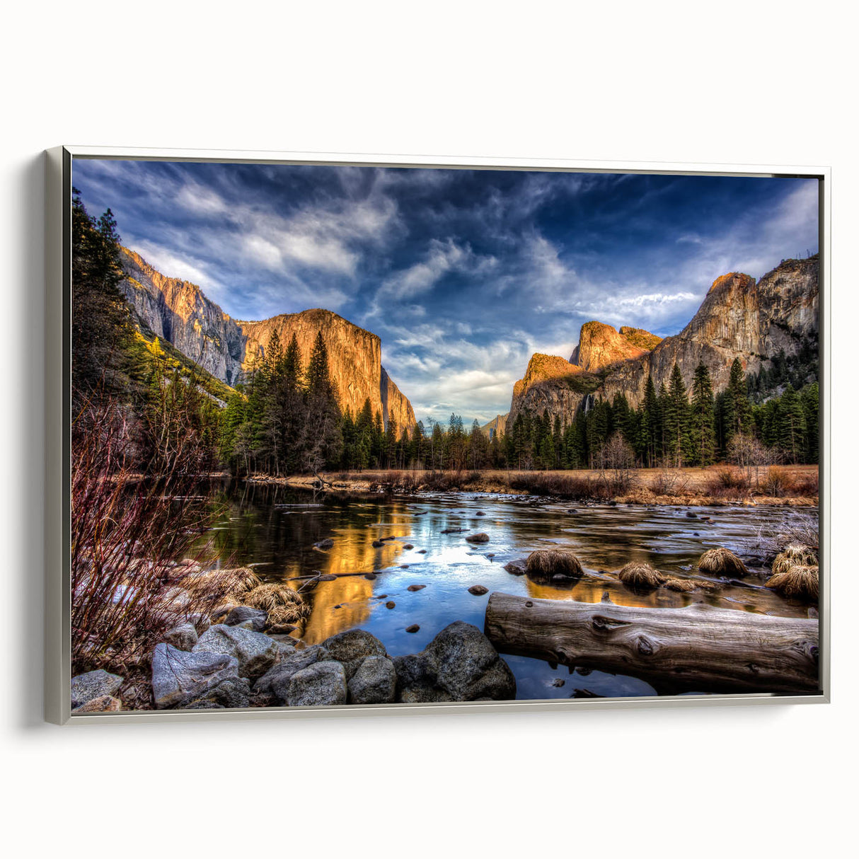 Framed canvas featuring a Yosemite landscape painting in muted green and blue tones, ideal for office or study decor.