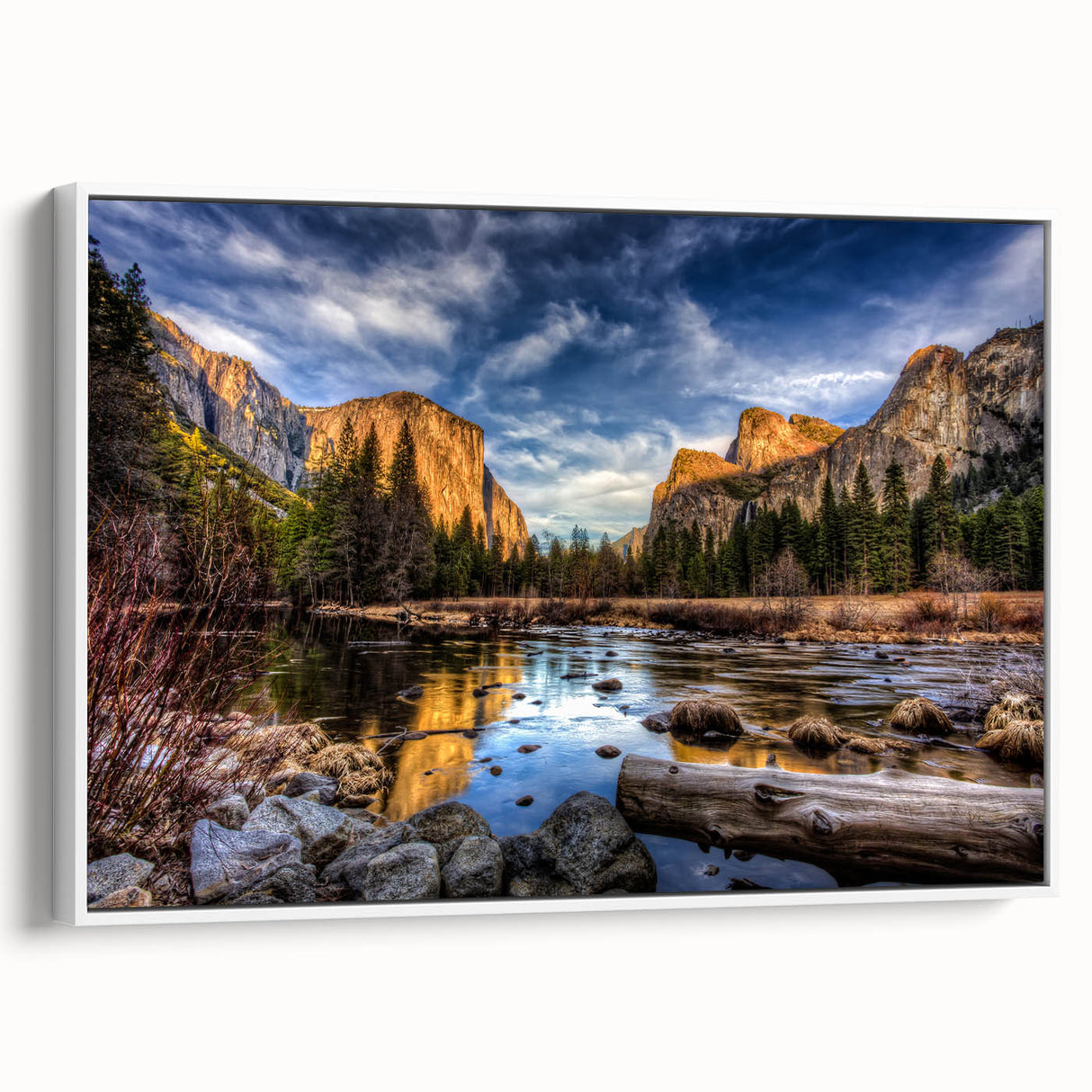 Vintage poster art of Yosemite landscape in vibrant colors on a framed canvas, suitable for living room decor.