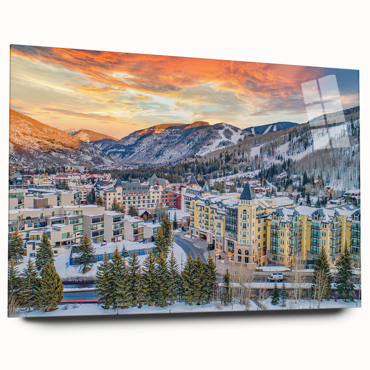 Acrylic print of a large abstract depiction of Vail, Colorado, in muted earth tones, ideal for bedroom or dining room art.