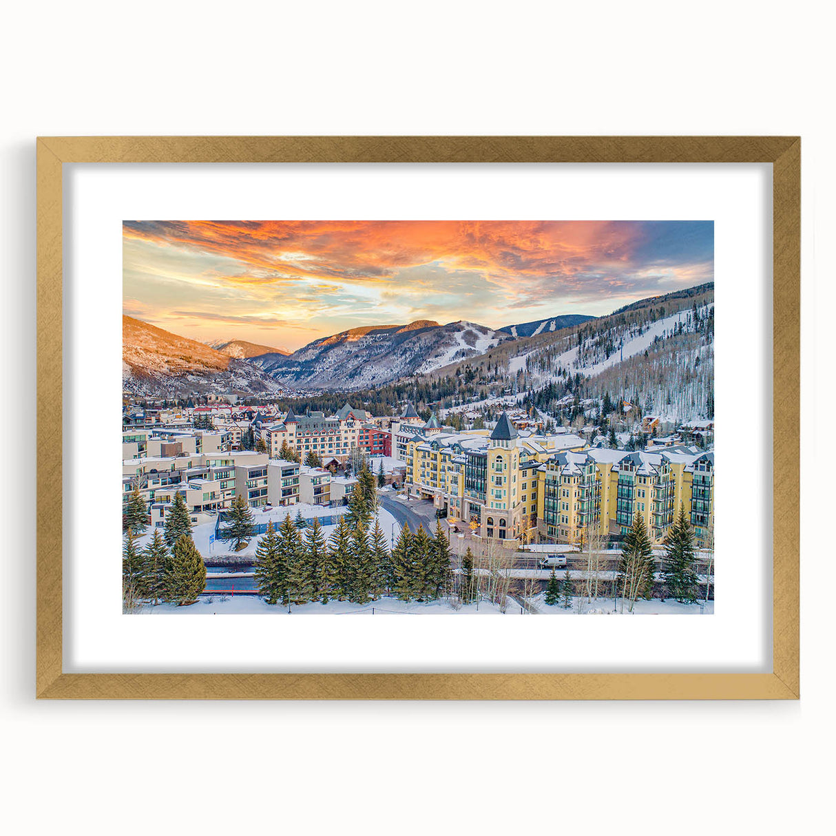 Extra large abstract art print of Vail, Colorado, with textured gold frame, in muted earth tones.