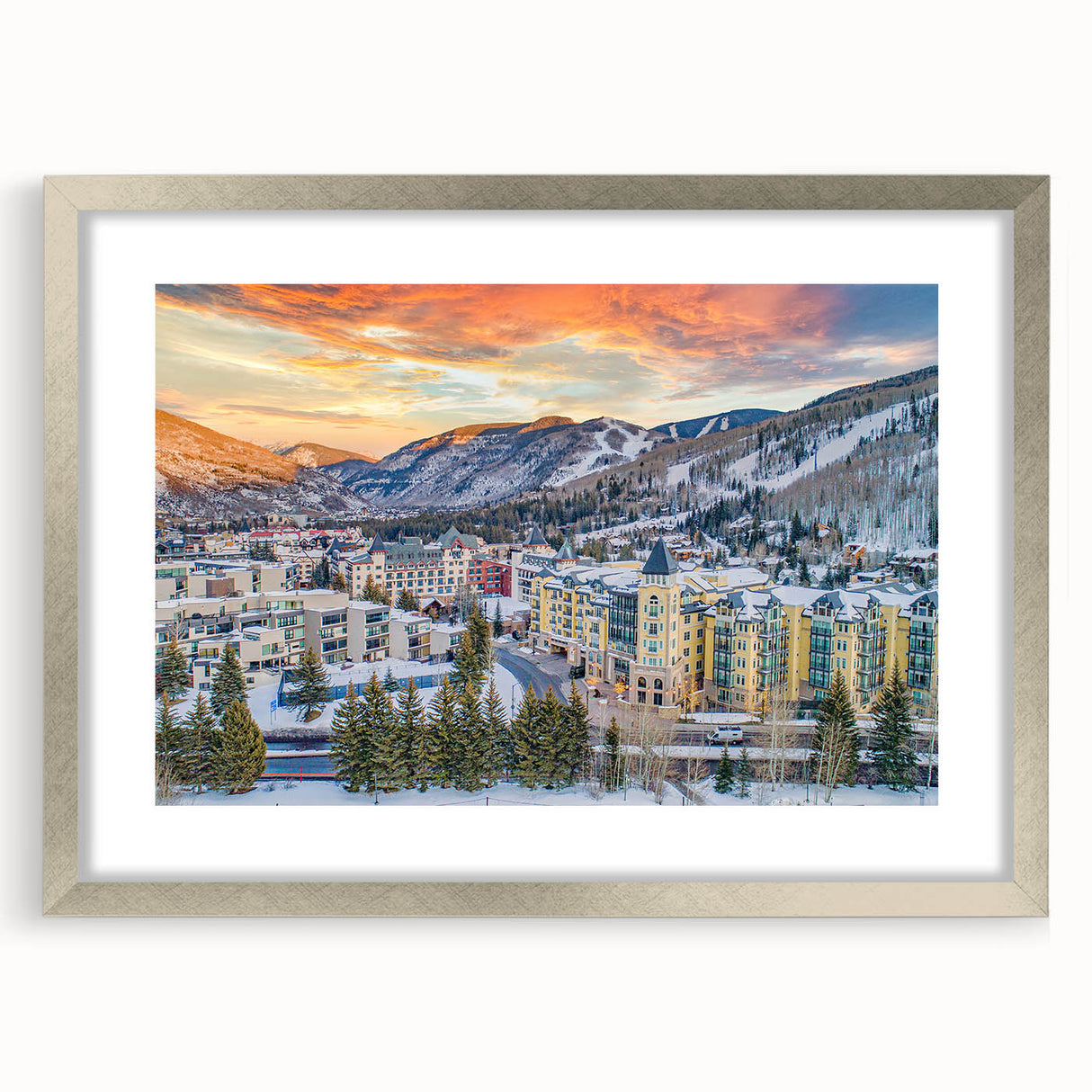 Textured abstract art print depicting a vibrant Colorado Vail scenery in a silver frame, ideal for bedroom art.