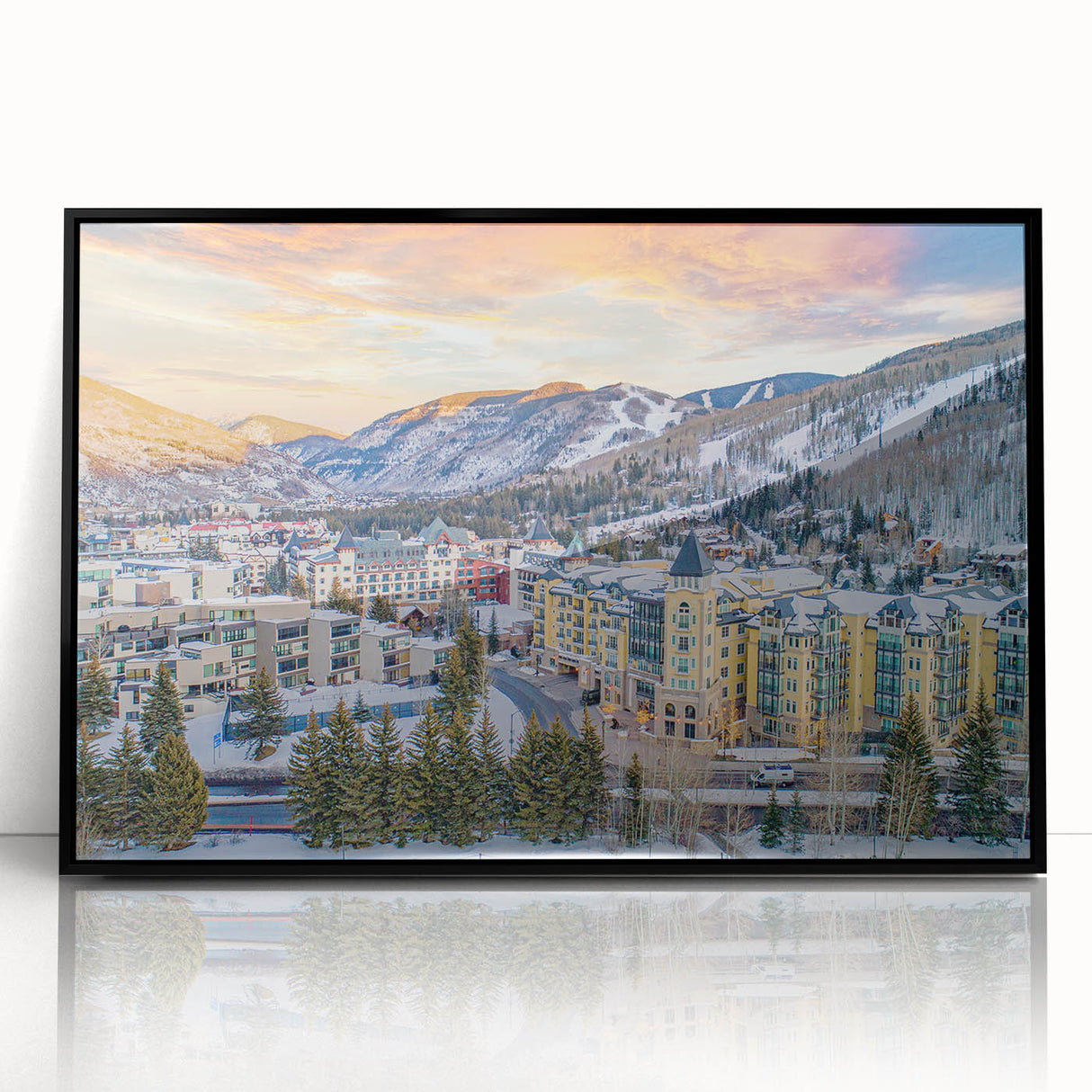 Large abstract wall art of Vail, Colorado in muted earth tones on a framed acrylic, perfect for modern living room decor.