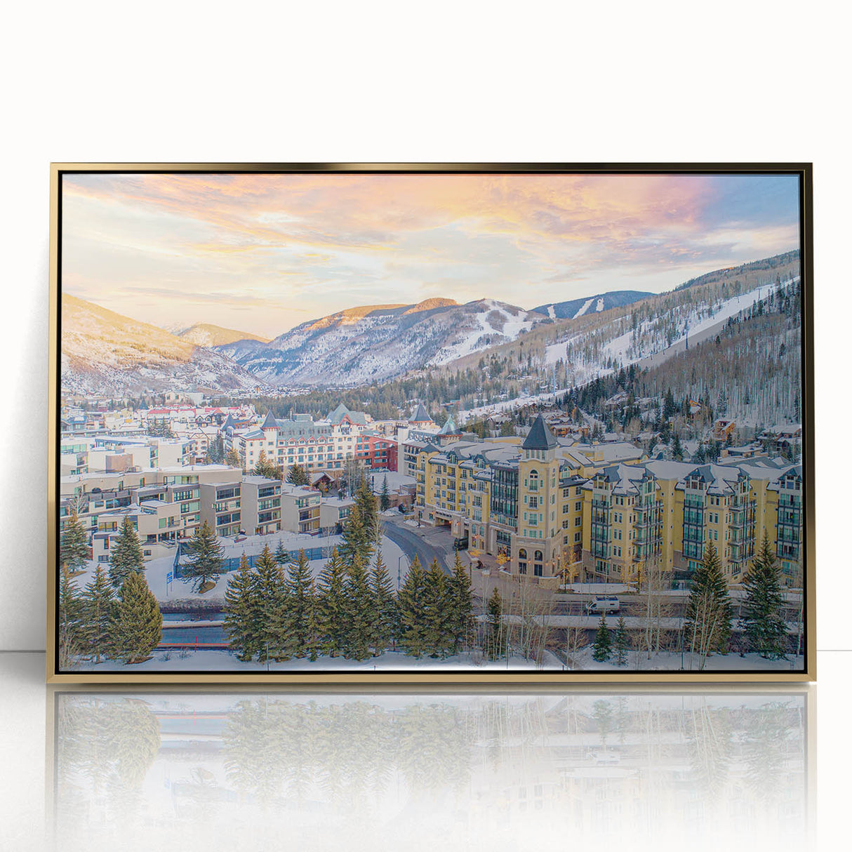 Large art print of Vail, Colorado scenery in mid-century modernist style, framed in acrylic with gold tones.