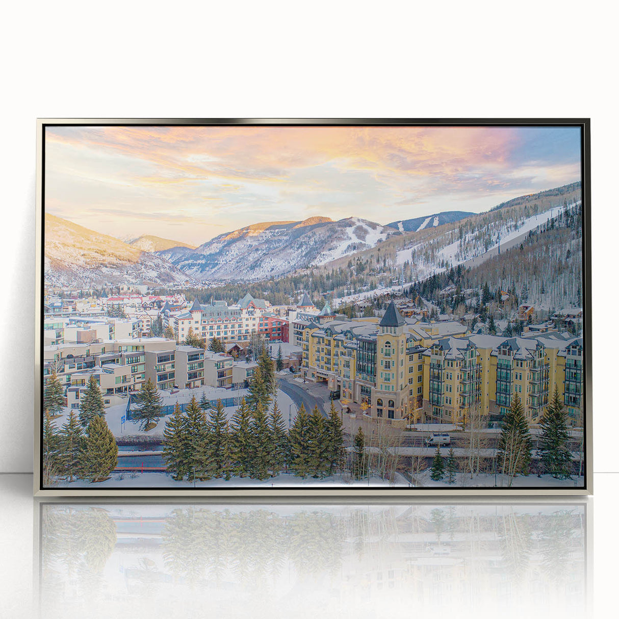 Mid-century modernist art depicting the Colorado Vail scenery in muted earth tones on a framed acrylic print.
