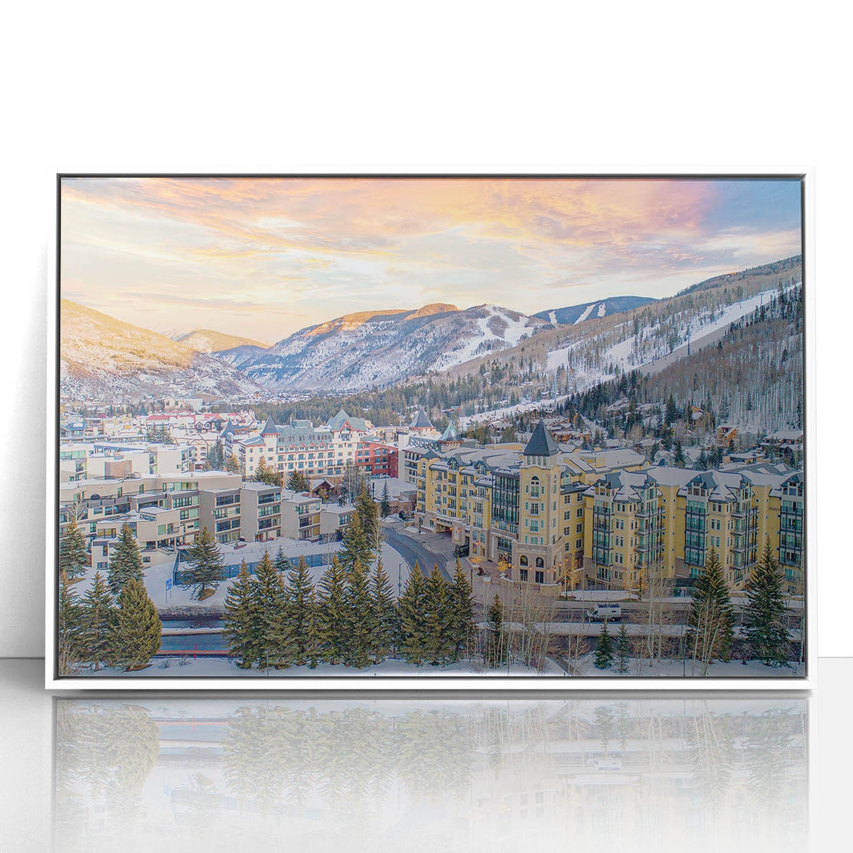 Acrylic print of Vail, Colorado scenery in muted earth tones, framed in white, suitable for modern art wall decor.