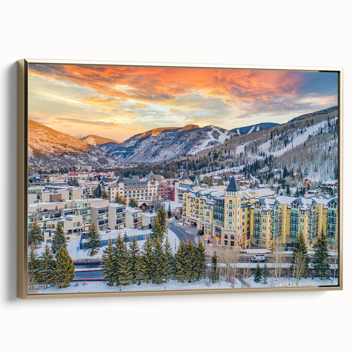 Framed canvas depicting a vintage-style landscape of Vail, Colorado in muted gold and black tones.