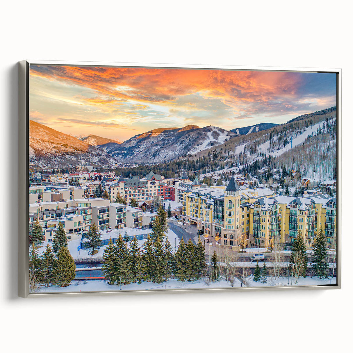 Landscape art painting of Vail, Colorado, featuring colorful mountains on a black framed canvas.