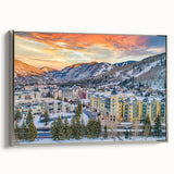 Landscape art painting of Vail, Colorado, featuring colorful mountains on a black framed canvas.