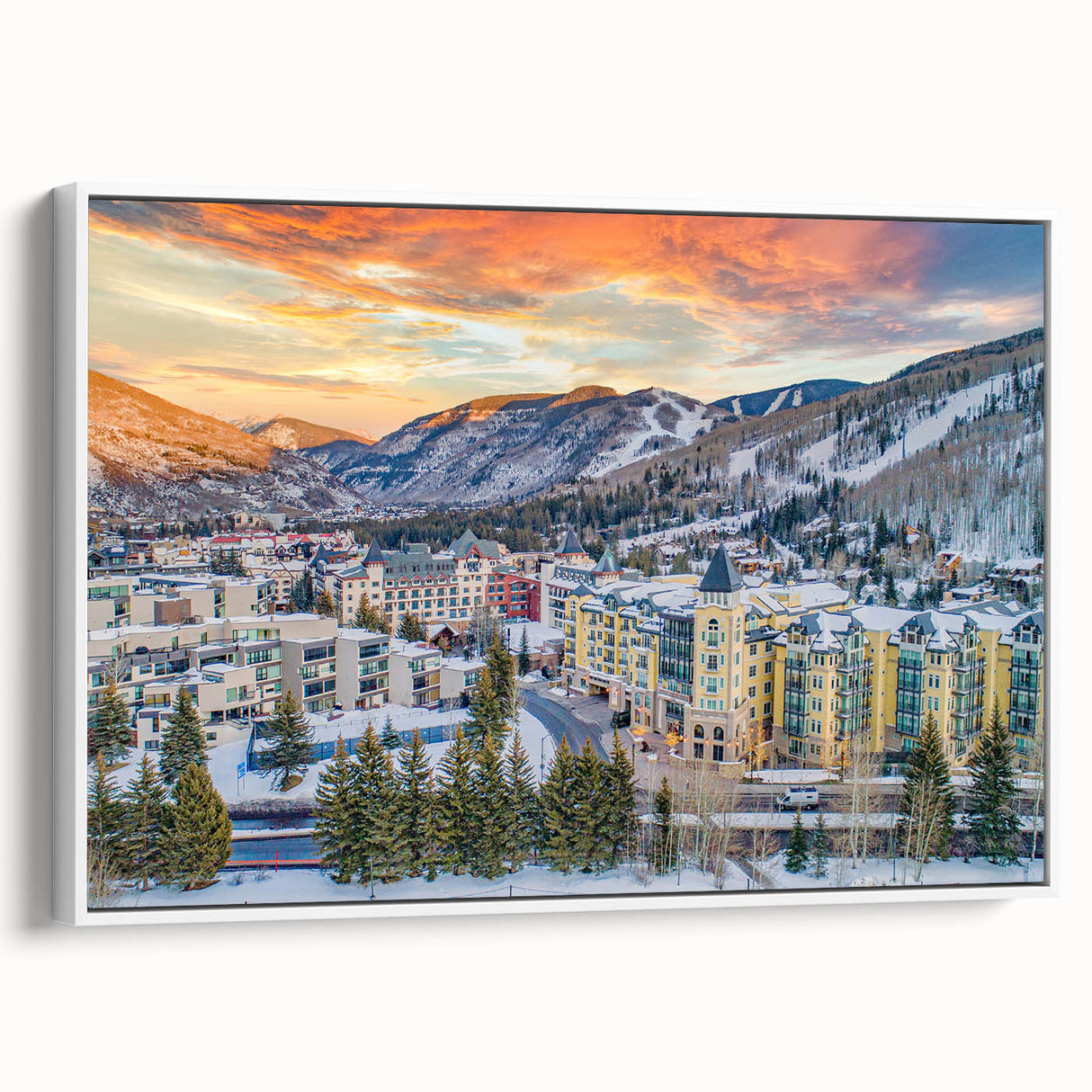 Vintage poster art of Vail, Colorado, featuring colorful scenery on a large framed canvas, ideal for living room decor.