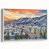Vintage poster art of Vail, Colorado, featuring colorful scenery on a large framed canvas, ideal for living room decor.
