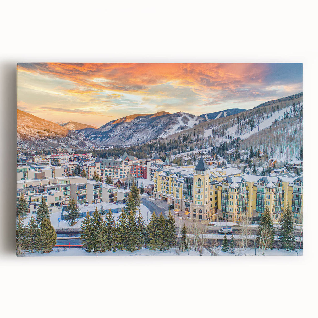 Black and white photograph of Vail, Colorado on large stretched canvas, ideal for kitchen wall art.