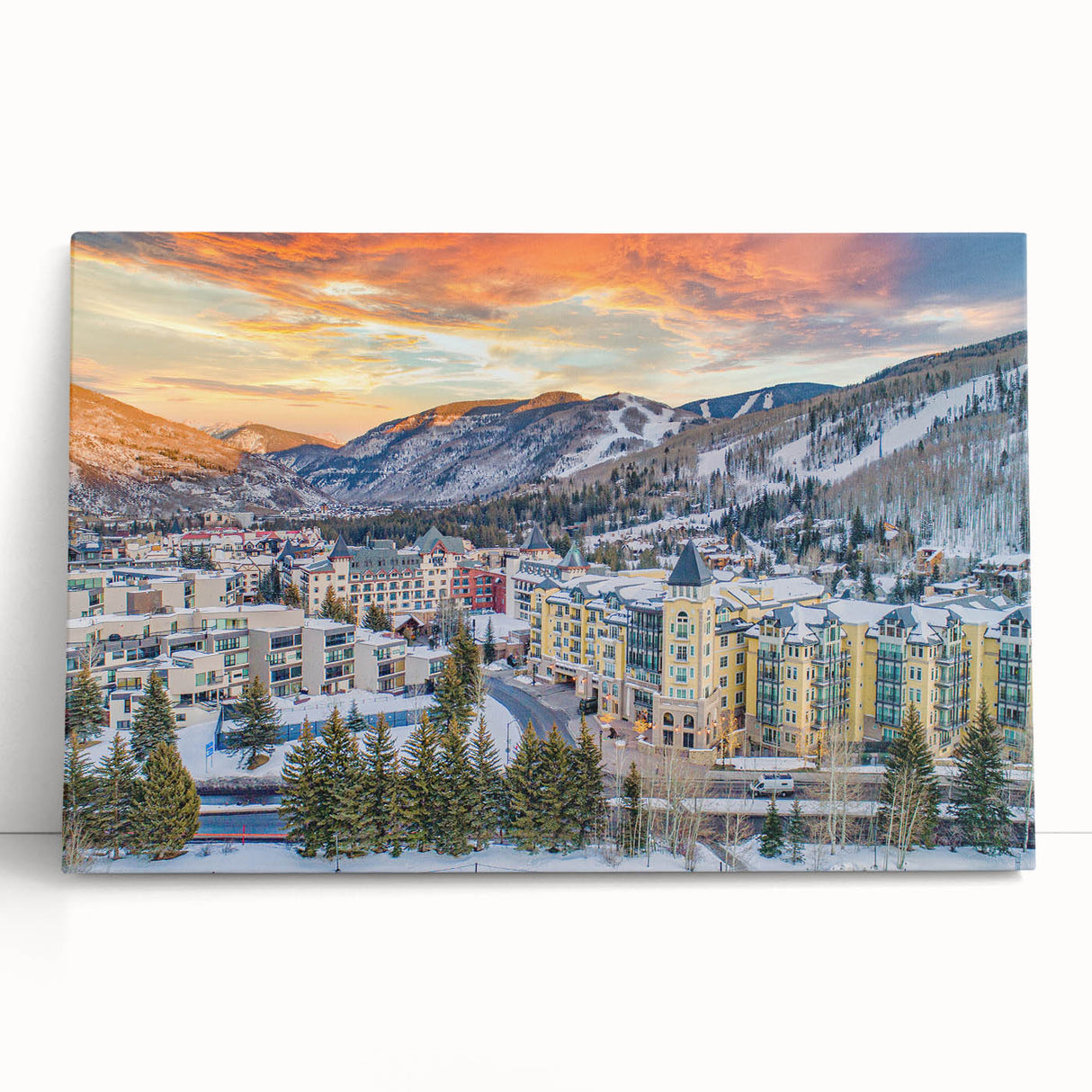 Black and white stretched canvas of Vail, Colorado scenery, ideal for kitchen wall art or bedroom ambiance.