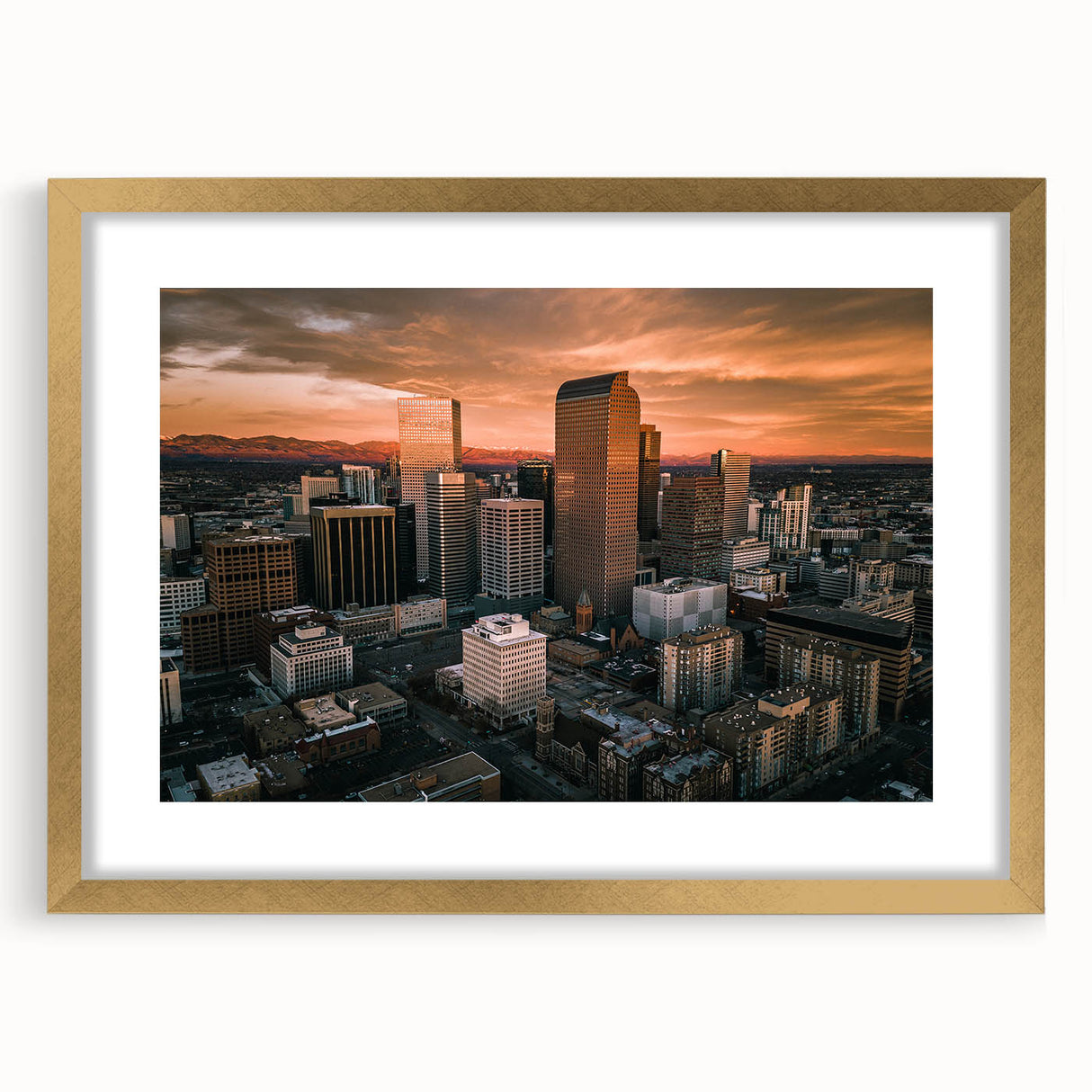 Extra large abstract art print of Denver scenery in textured gold frame, ideal for living room decor.