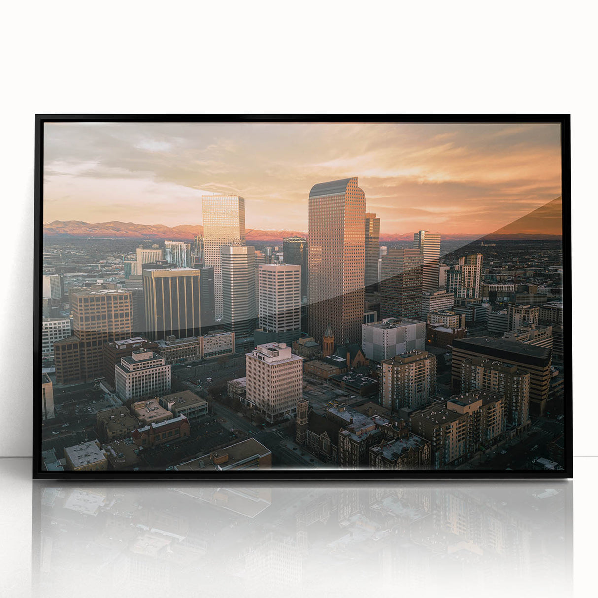 Large abstract wall art depicting Denver skyline in muted colors on framed acrylic, ideal for modern art wall decor.