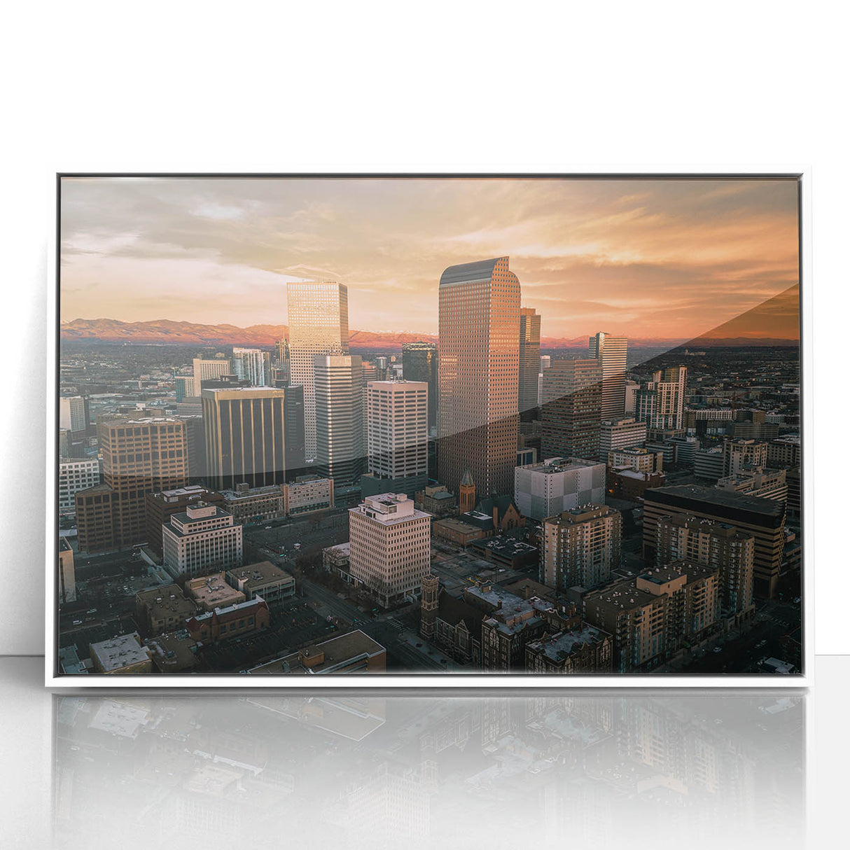 Art deco poster of Denver skyline in muted blue and white hues, acrylic framed, ideal for modern nursery wall art.