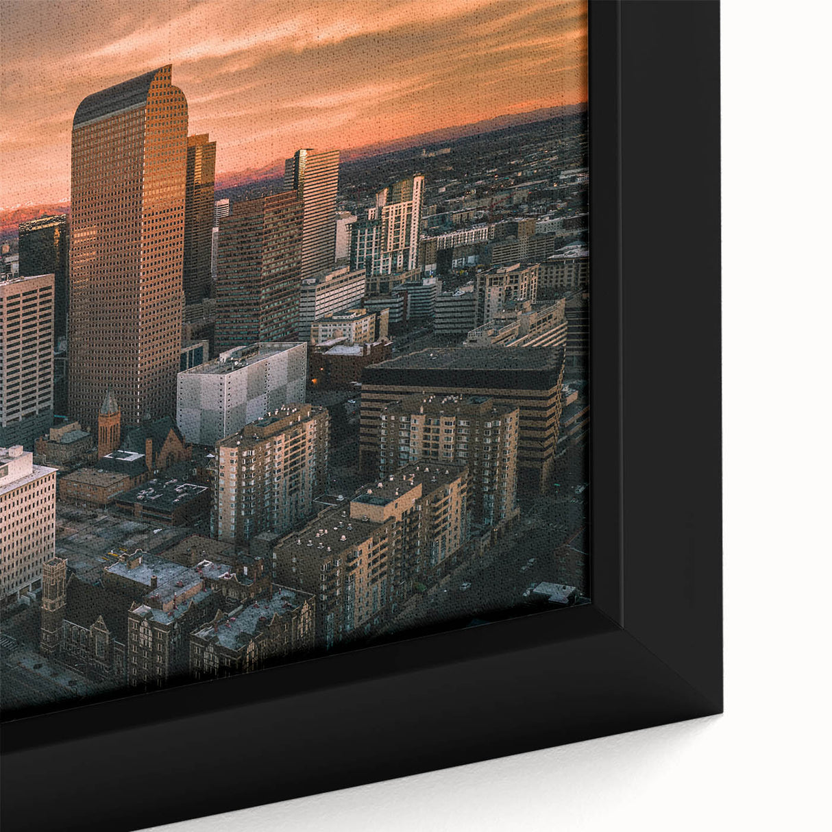 Extra large framed canvas of a textured, colorful Denver skyline on a black background, ideal for living room decor.