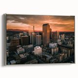 Framed canvas of a vintage-style Denver landscape with colorful art elements, ideal for modern living room decor.