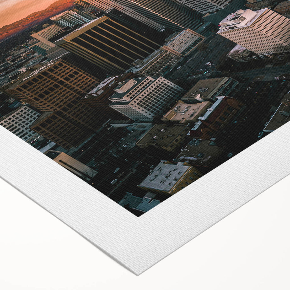 Art deco poster featuring a Denver skyline in muted silver and blue tones on rolled canvas, suitable for dining room decor.
