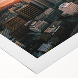 Art deco poster featuring a Denver skyline in muted silver and blue tones on rolled canvas, suitable for dining room decor.