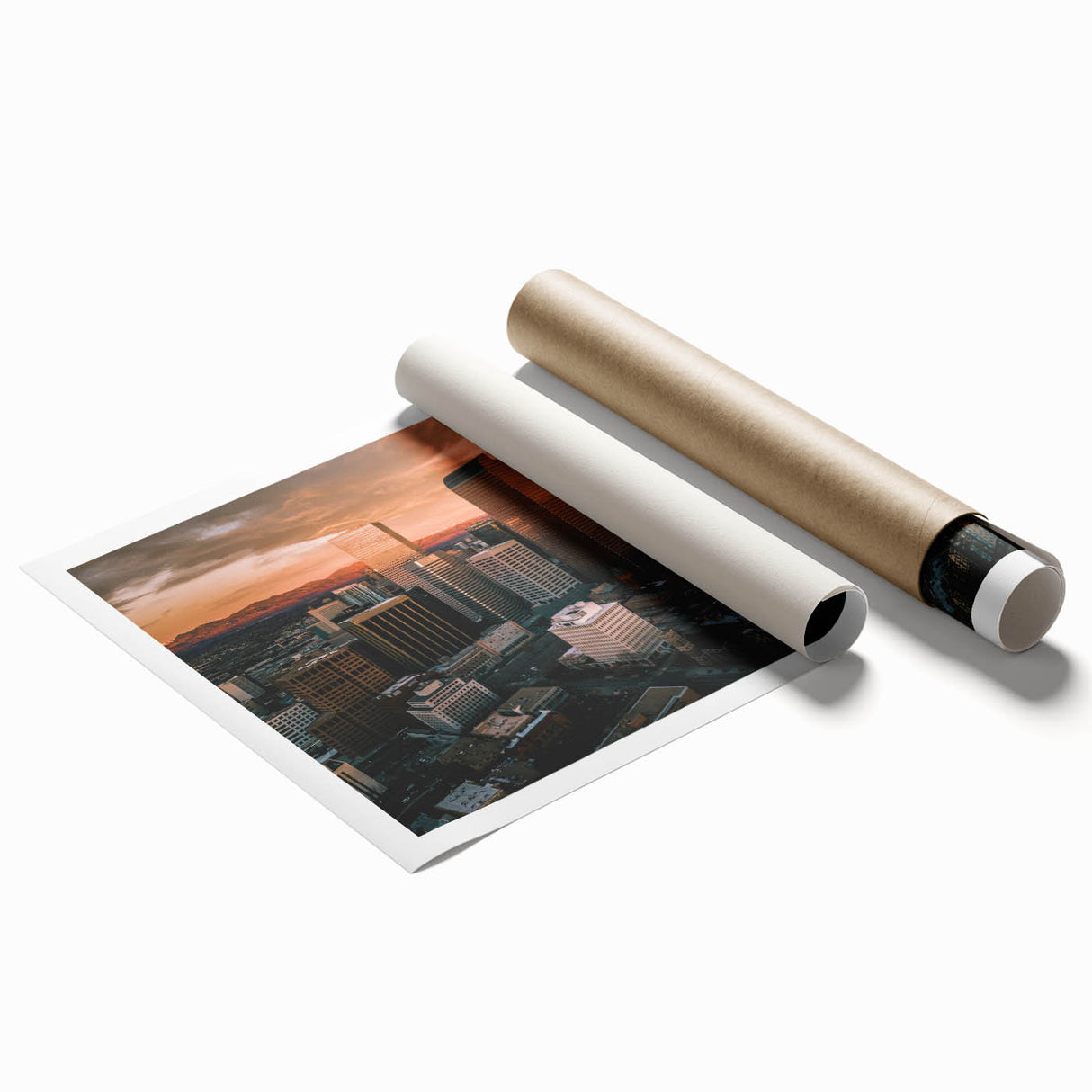 Rolled print of Denver skyline in muted gray and blue tones, ideal for classy bathroom wall art.