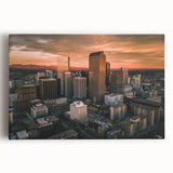 Black and white photograph of Denver skyline on large stretched canvas, suitable as kitchen wall art.