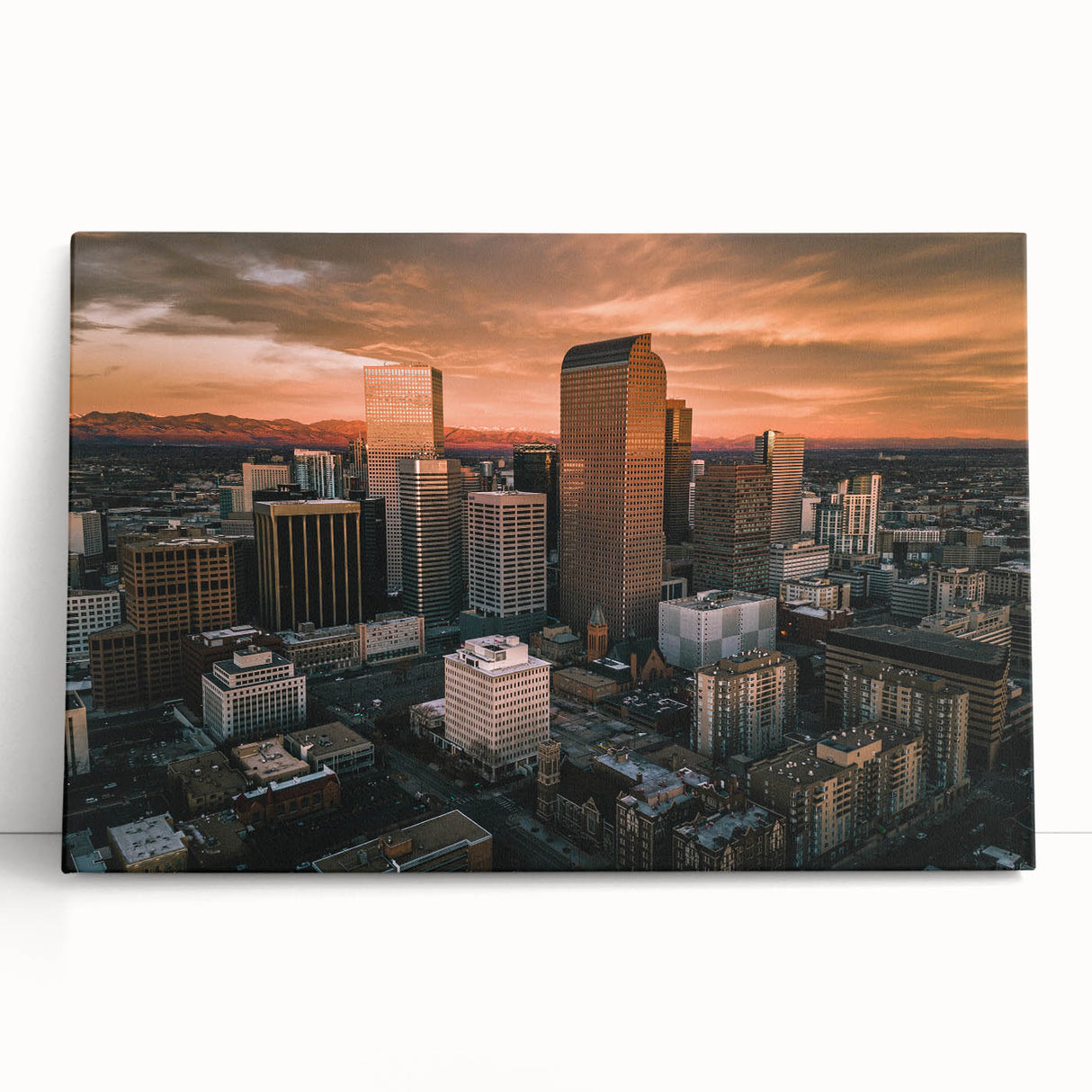 Black and white stretched canvas of Denver skyline, ideal for kitchen wall art.