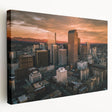 Denver skyline in muted earth tones on a large stretched canvas, suitable for kitchen wall art.