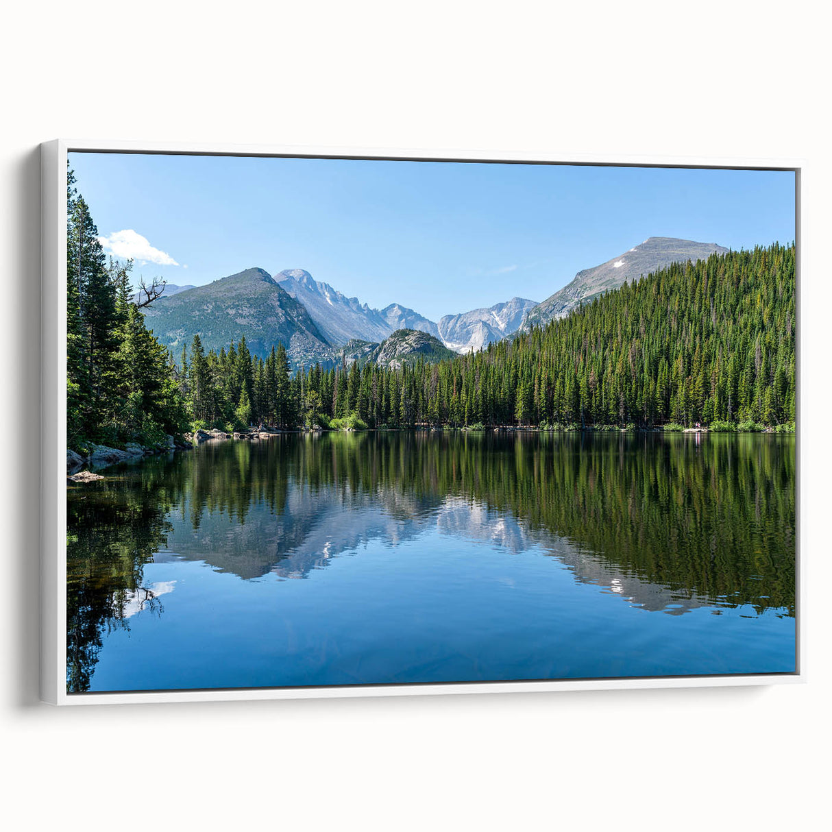 Vintage poster art of Colorado Springs with colorful accents on a white-framed canvas, ideal for living room decor.
