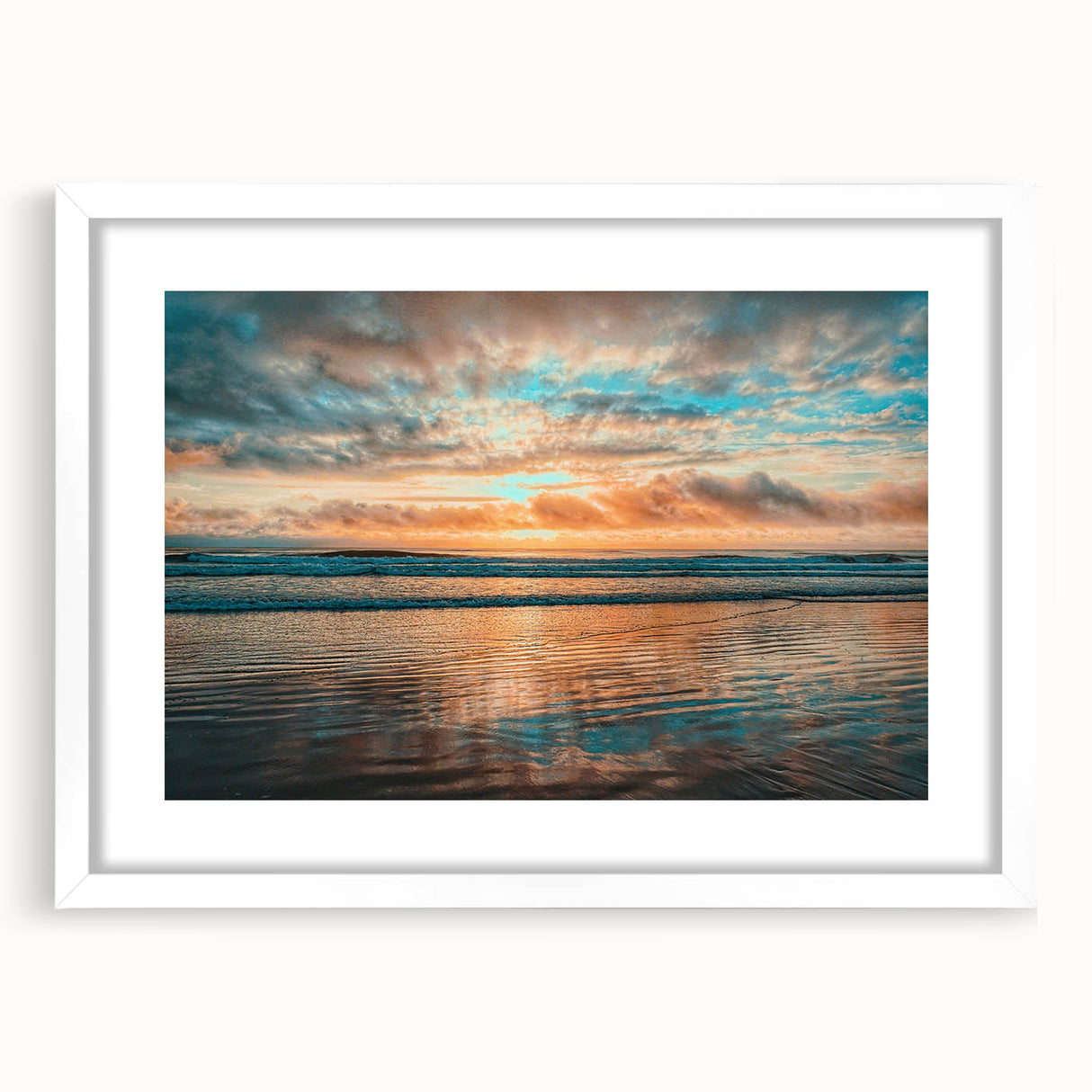 Abstract art print of Daytona scenery in muted gray and blue tones on a framed white mat, ideal for dining room decor.