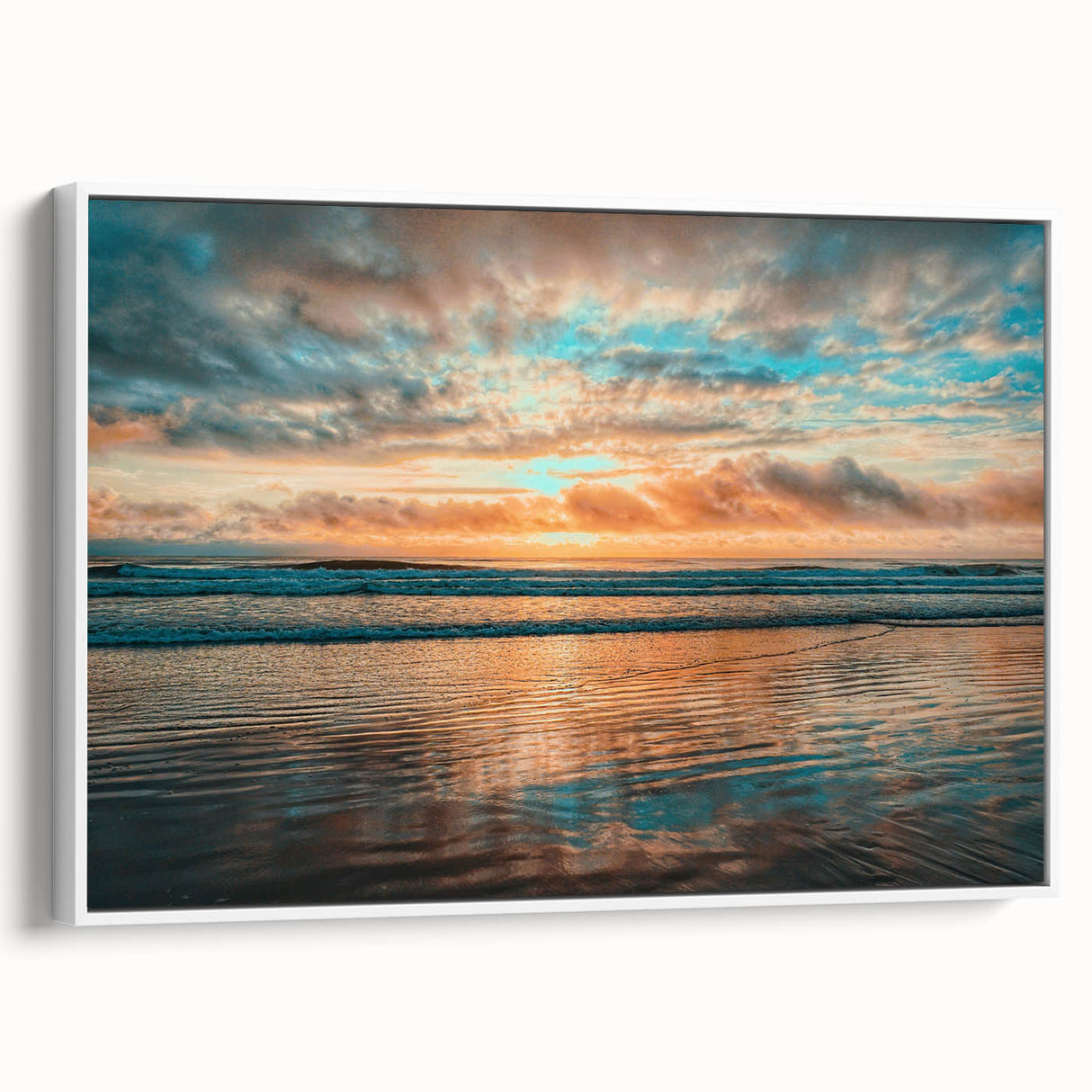 Vintage poster art of Daytona with colorful elements on a large framed canvas, ideal for living room decor.