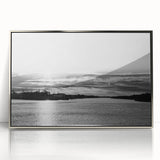 Mid-century modernist art of Delaware scenery in acrylic, featuring muted blue and green hues, framed in silver.