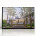 Large abstract wall art depicting Florida's Palm Beach in mid-century modernist style with muted colors on a framed acrylic.