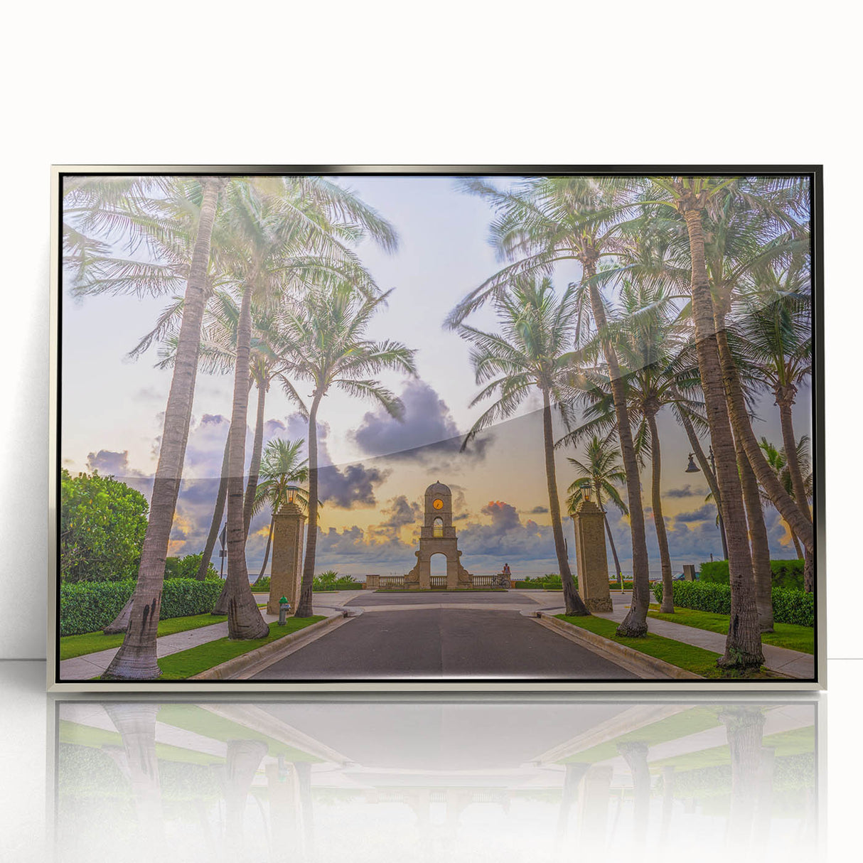 Mid-century modernist art of Florida's Palm Beach with pastel shades on a framed acrylic print, ideal for nursery wall decor.