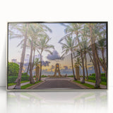 Mid-century modernist art of Florida's Palm Beach with pastel shades on a framed acrylic print, ideal for nursery wall decor.