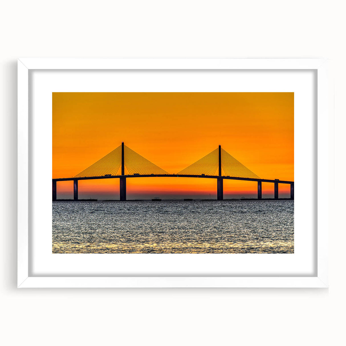 Abstract art print of Tampa skyline in muted gray and blue tones on a framed white mat, ideal for dining room decor.