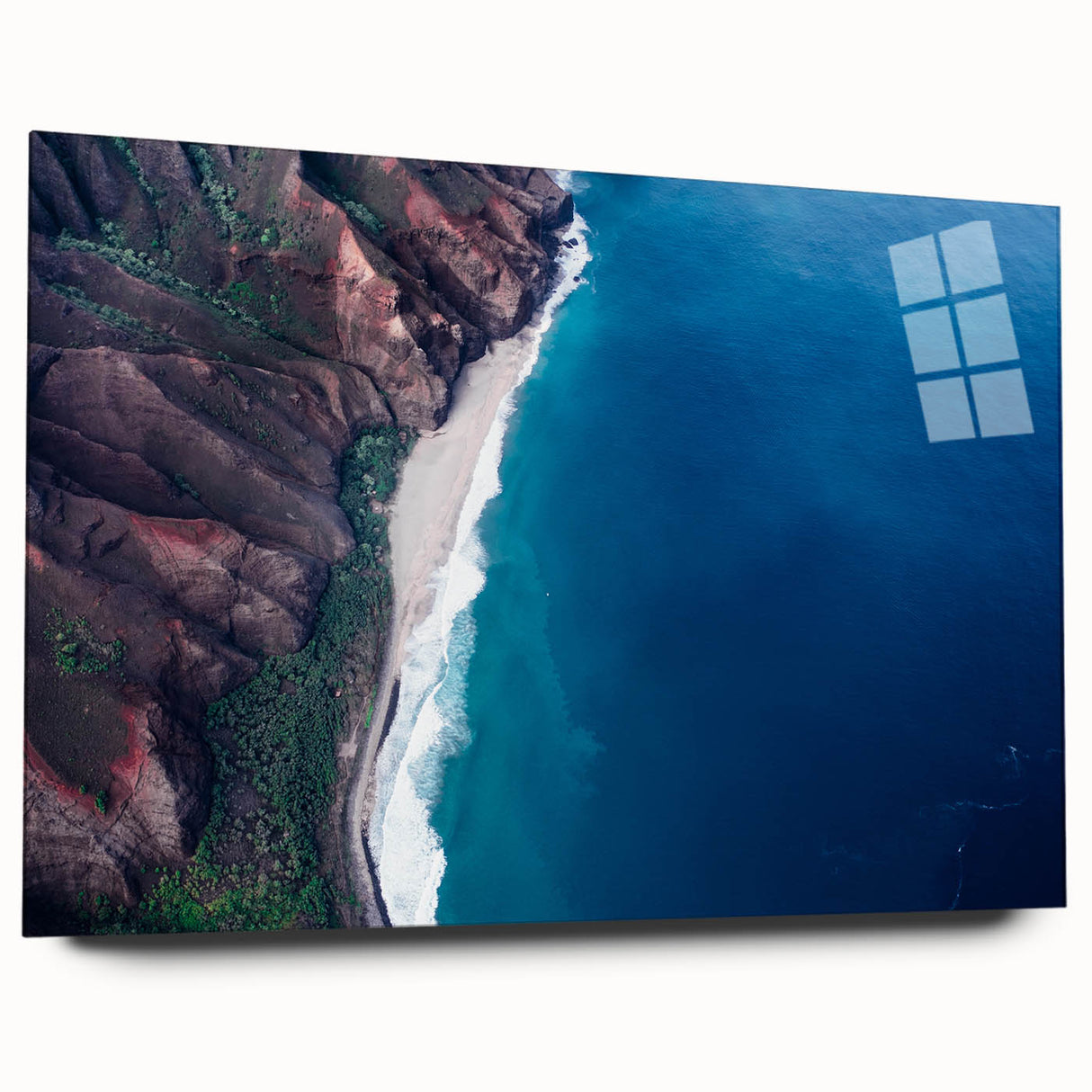 Large abstract wall art of Kauai's lush landscapes in vibrant greens and blues, printed on acrylic glass.
