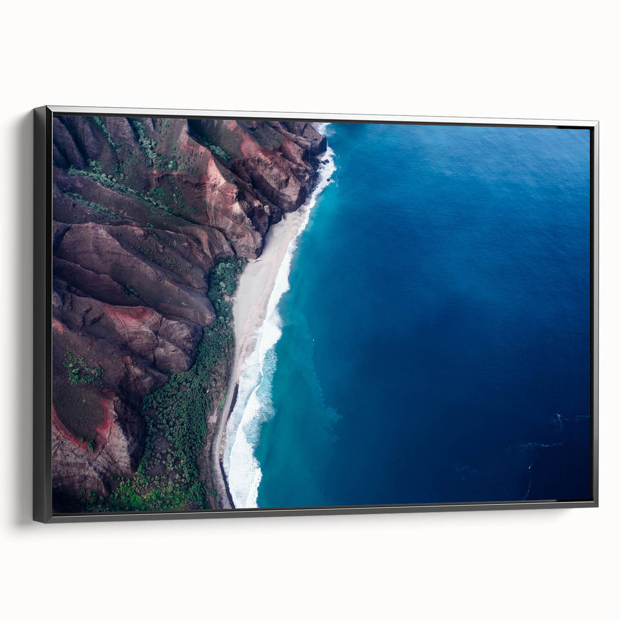 Black and white framed canvas of Kauai landscape, ideal for bedroom wall decor.