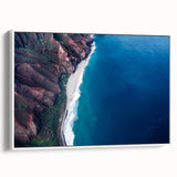 Vintage poster art of Kauai scenery on extra large framed canvas, featuring vibrant colors, ideal for living room decor.