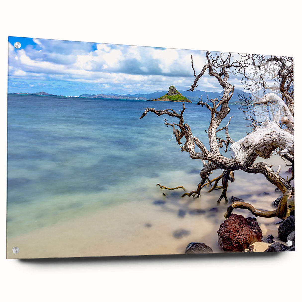 Acrylic glass print of Oahu, Hawaii scenery in muted blue and green tones, ideal for dining room art.