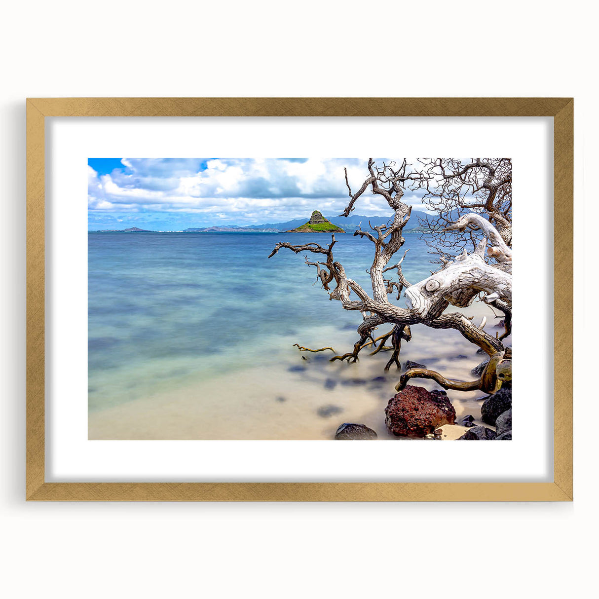 Extra large wall art featuring an abstract depiction of Oahu's scenery in textured gold and blue tones.