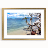 Extra large wall art featuring an abstract depiction of Oahu's scenery in textured gold and blue tones.