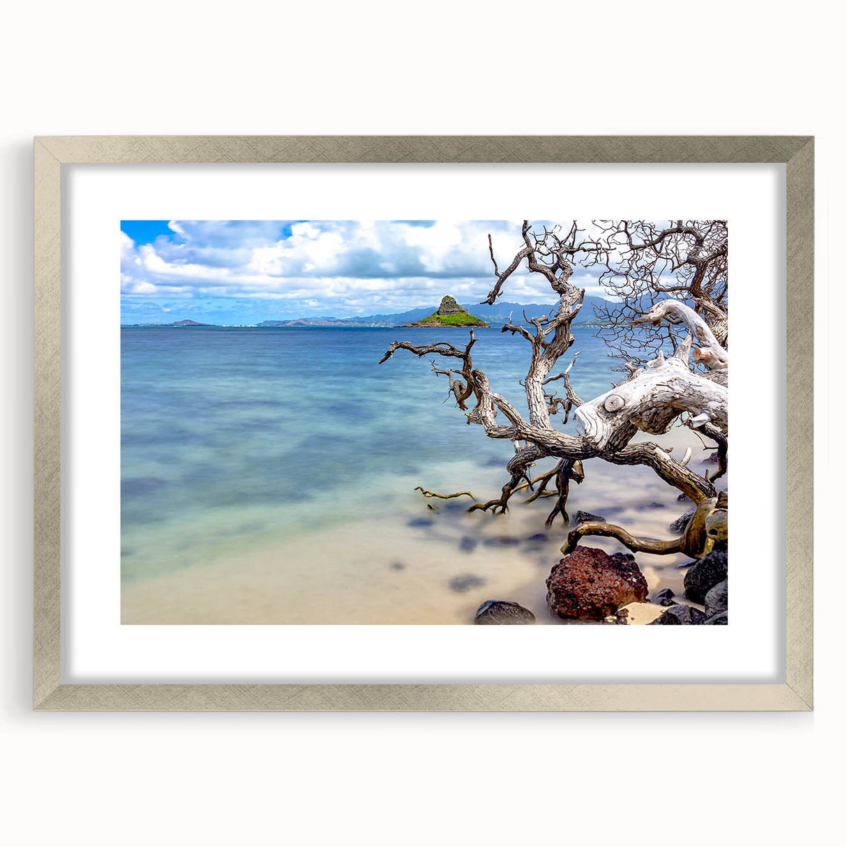 Textured art print of abstract Oahu, Hawaii scenery in muted earth tones, framed in silver, ideal for bedroom art.