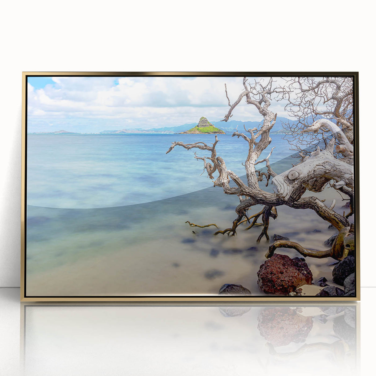 Mid-century modernist art of Oahu's landscape in muted earth tones on a framed acrylic print.