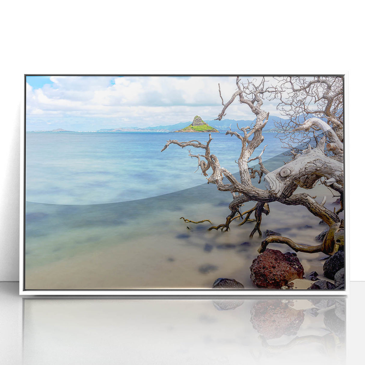 Art deco poster depicting Oahu scenery in muted pastels on white-framed acrylic, ideal for modern nursery wall art.