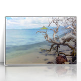 Art deco poster depicting Oahu scenery in muted pastels on white-framed acrylic, ideal for modern nursery wall art.