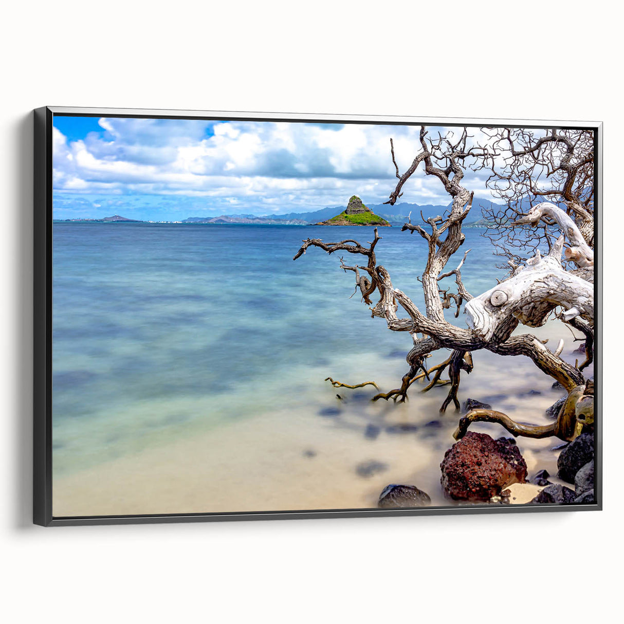 Black and white framed canvas of Oahu landscape, vintage poster style, suitable for bedroom decor.