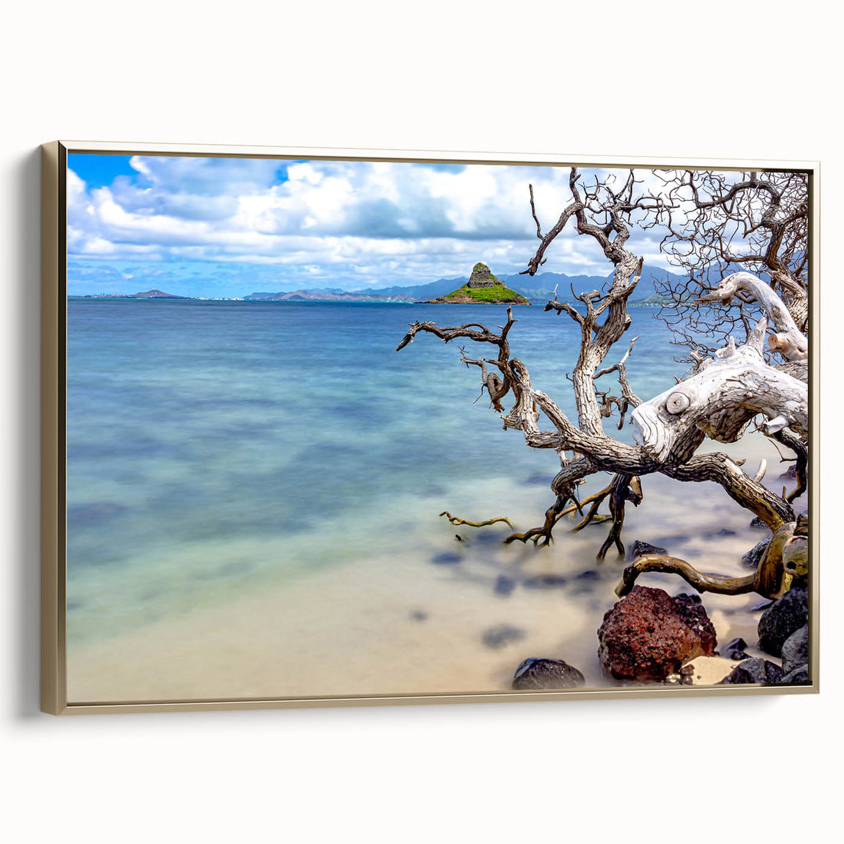 Framed canvas depicting a vintage-style landscape of Oahu, Hawaii, with muted gold and black tones.