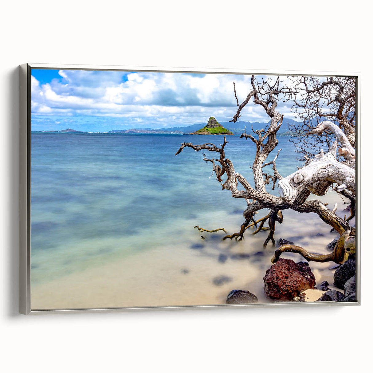Landscape art painting of Oahu, Hawaii, featuring colorful art on a framed canvas, ideal for enhancing a living room's decor.